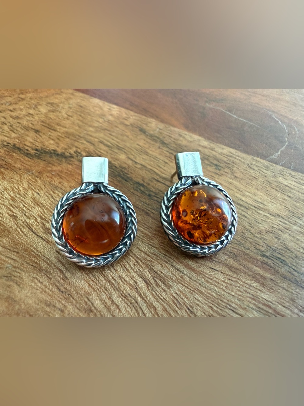 Vintage 1960s Modernist Baltic Amber and Sterling Silver Stud Earrings